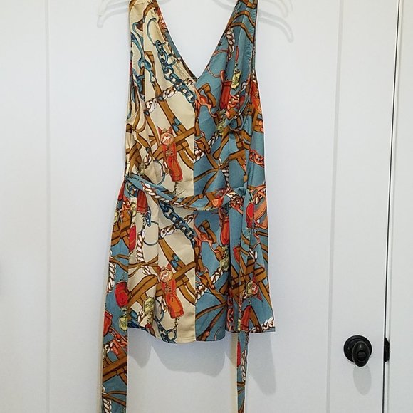 blue cream ivory chains tie sleeveless blouse - Picture 3 of 9